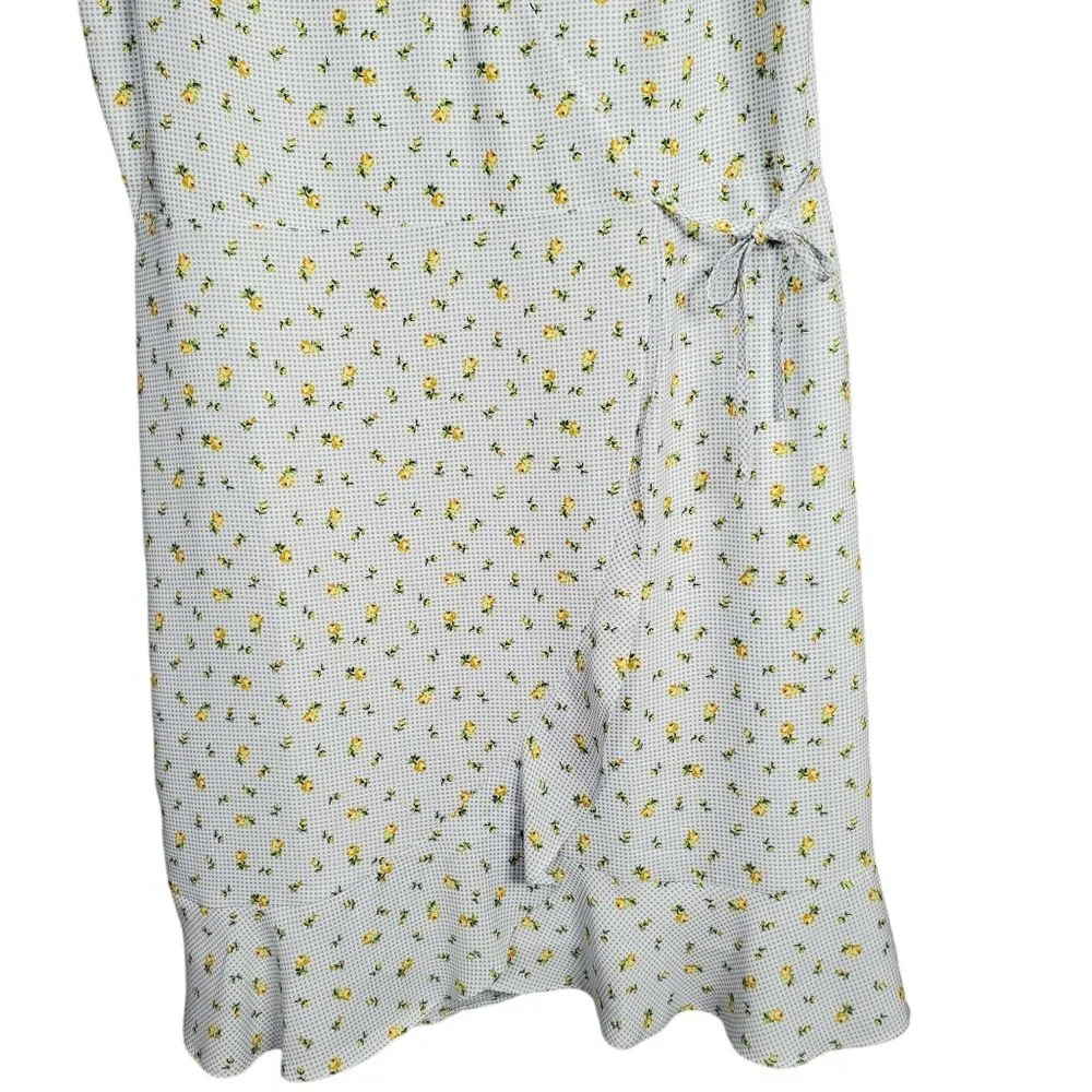 Loft Size 14 Dress Long Gingham Floral Flutter Sleeve Faux Wrap Ruffle Hem Lined - Picture 9 of 15